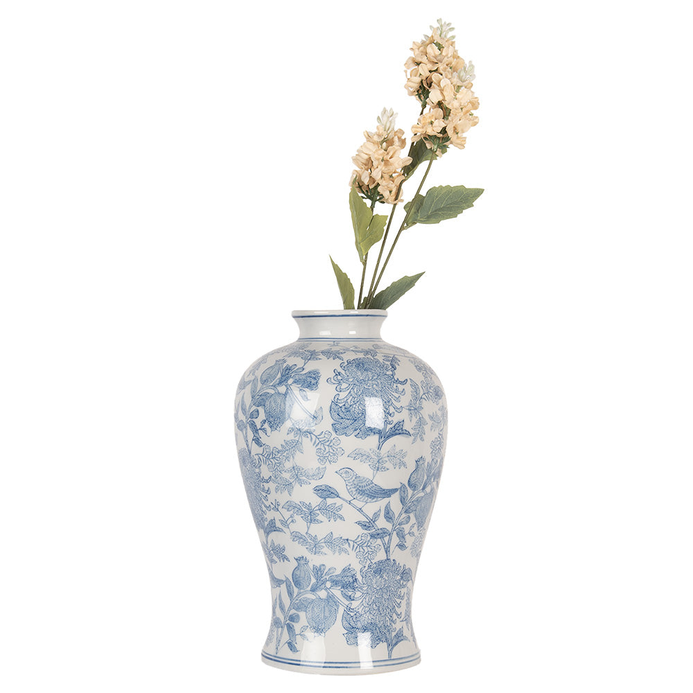 Clayre &amp; Eef Botanical Ceramic Vase – Elegant White &amp; Blue Design (32 cm)