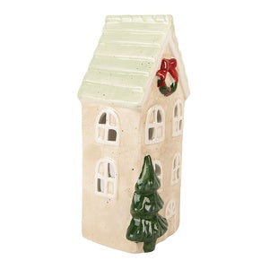 Casetta natalizia decorativa beige con albero