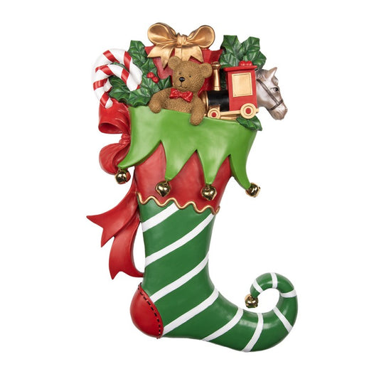 Calza natalizia decorativa in resina con orsetto e trenino